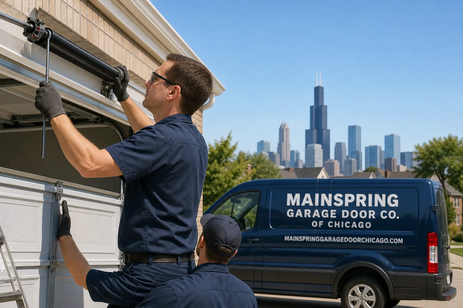 Mainspring Garage Door Co. of Chicago garage door service vehicle and crew in Chicago, IL