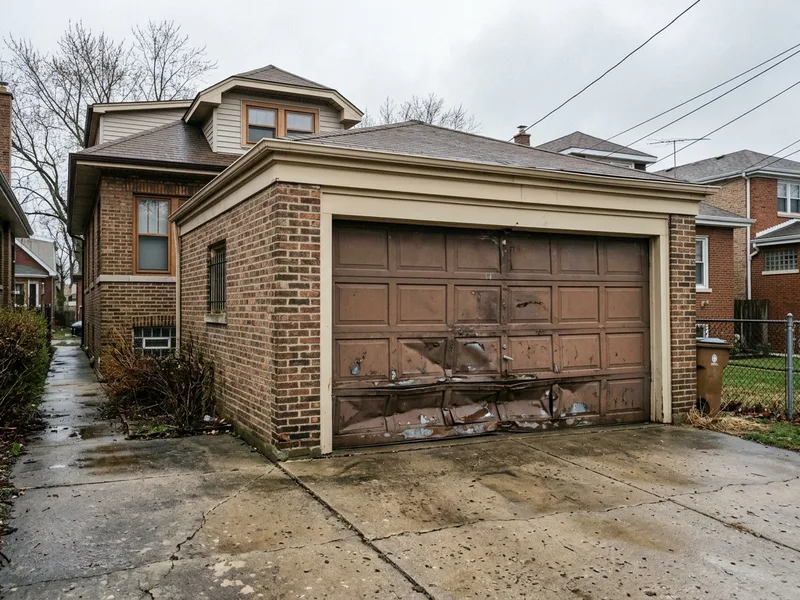Before: Buckled steel garage door in Albany Park Chicago with visible denting and misalignment