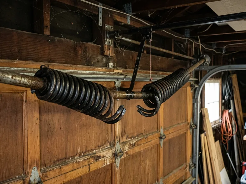 Before: Broken torsion spring on residential garage door in South Shore Chicago