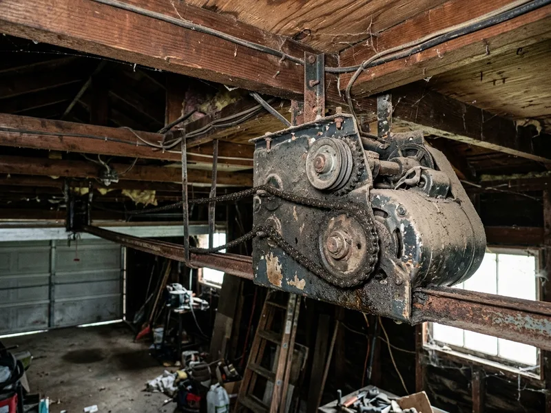 Before: Old chain-drive garage door opener in Lincoln Square Chicago garage