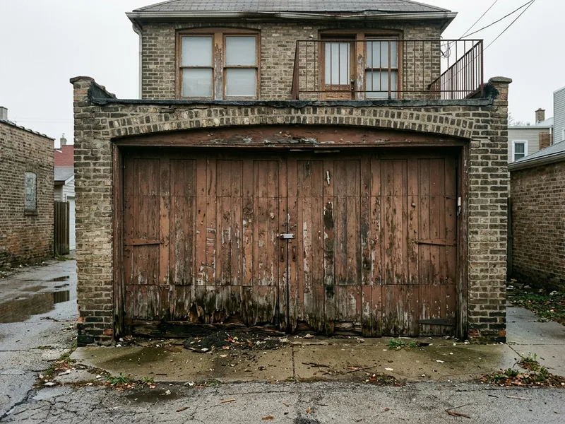 Before: Rotted wood garage door with water damage and peeling paint in Rogers Park Chicago