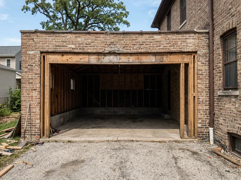 Before: Open garage doorway in new Pilsen Chicago construction with no door installed